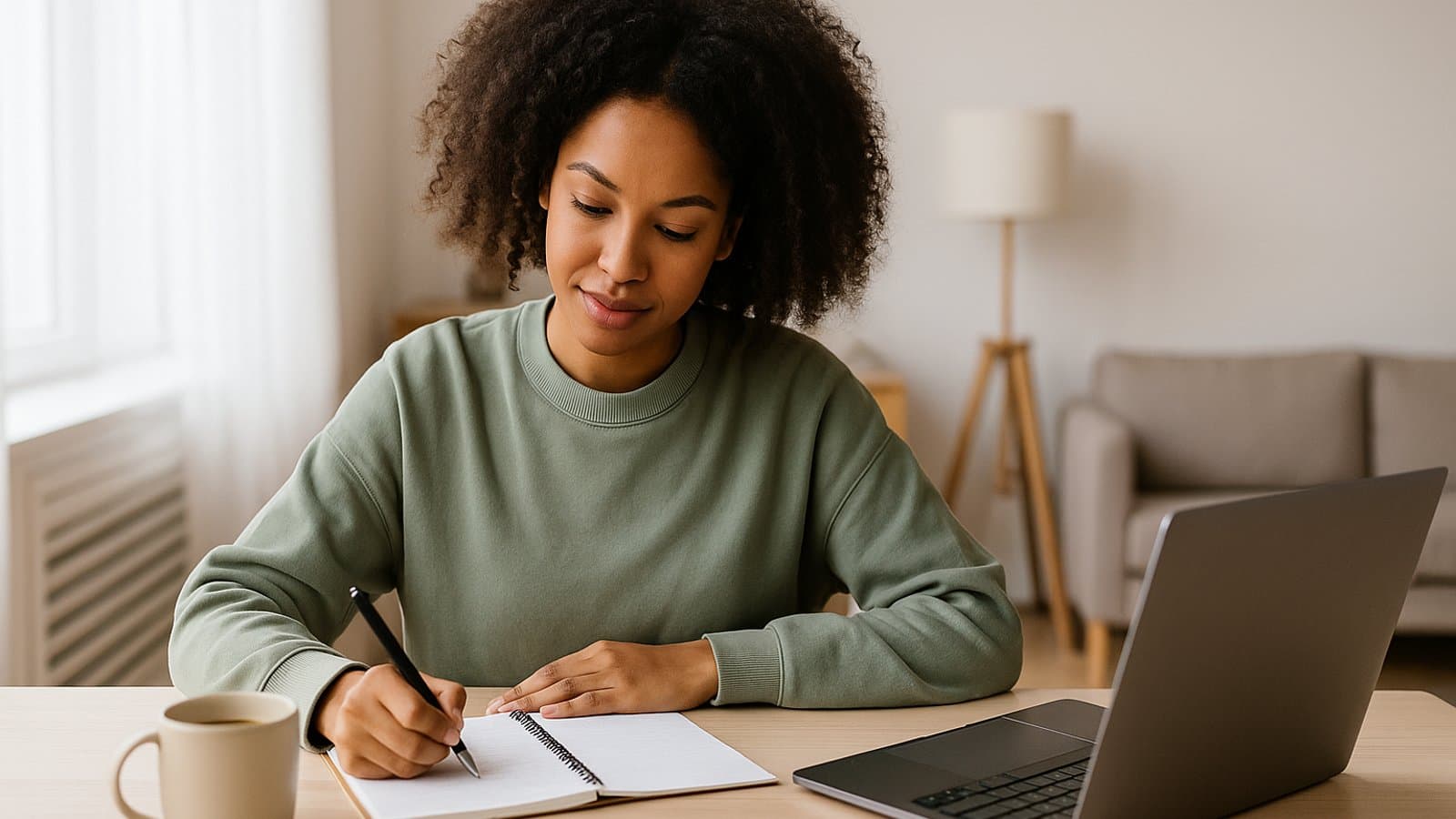 Calm financial planning scene: notebook, warm tea, and sunlight on a Toronto workspace