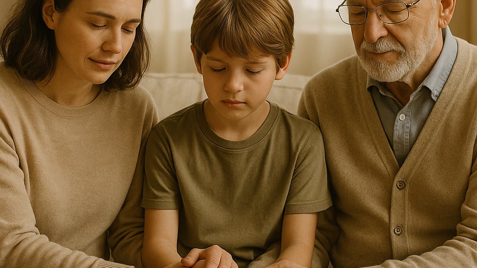 A calm living room scene with family hands gently holding, symbolizing support during difficult conversations