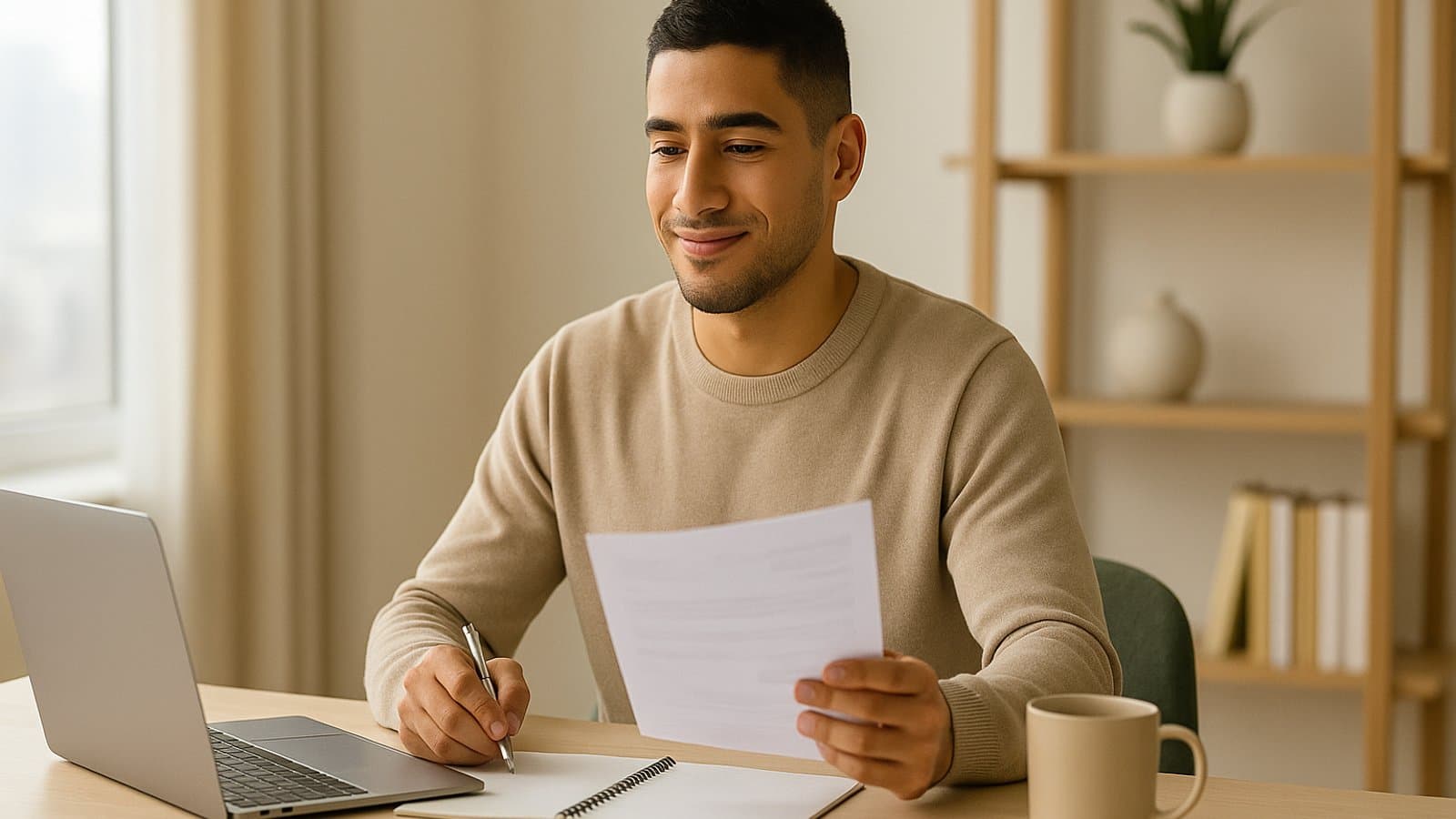 Confident man reviewing his finances at a calm workspace, representing independence and financial empowerment